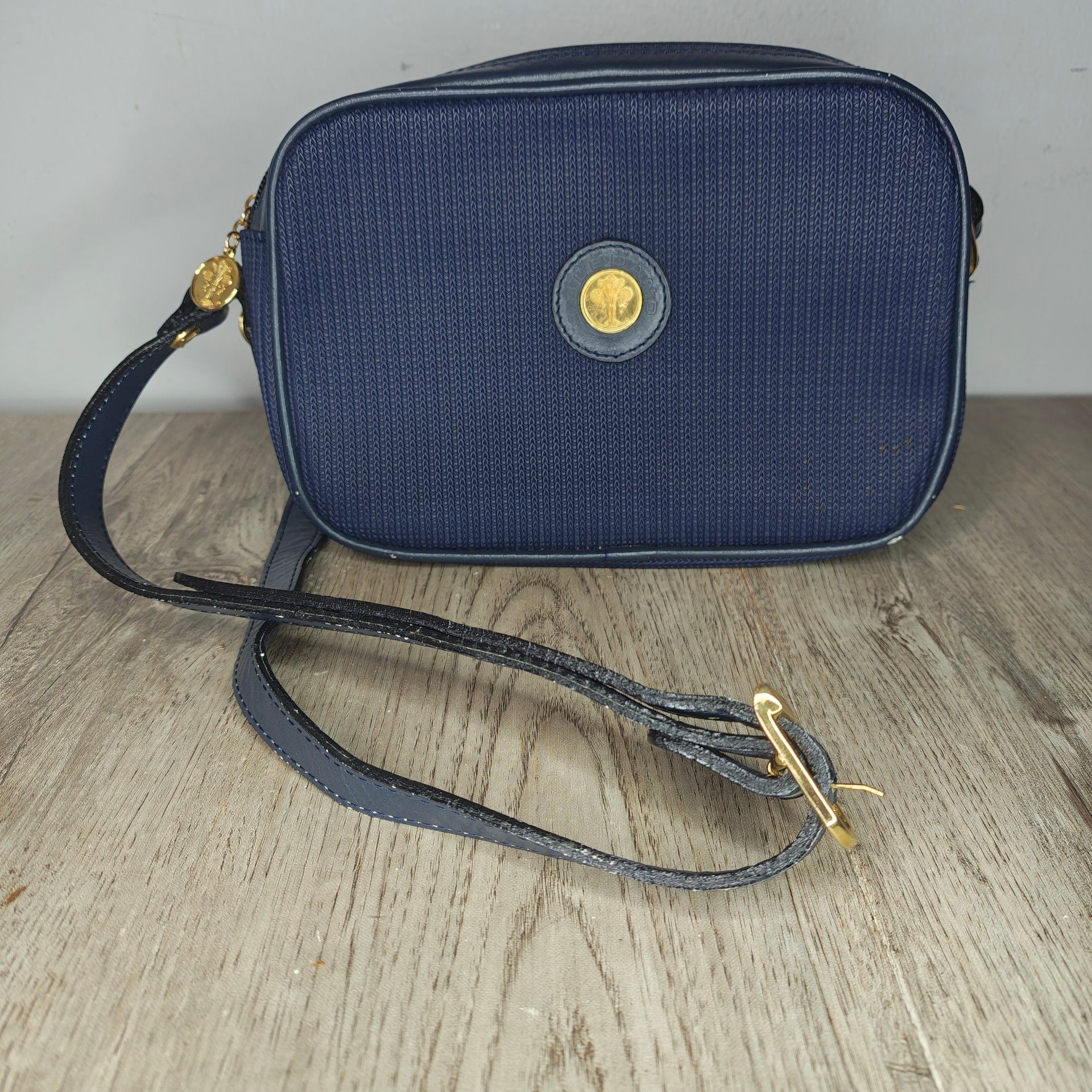 Vintage Toledano Navy Blue Basketweave Textured Leather Crossbody Bag Gold
